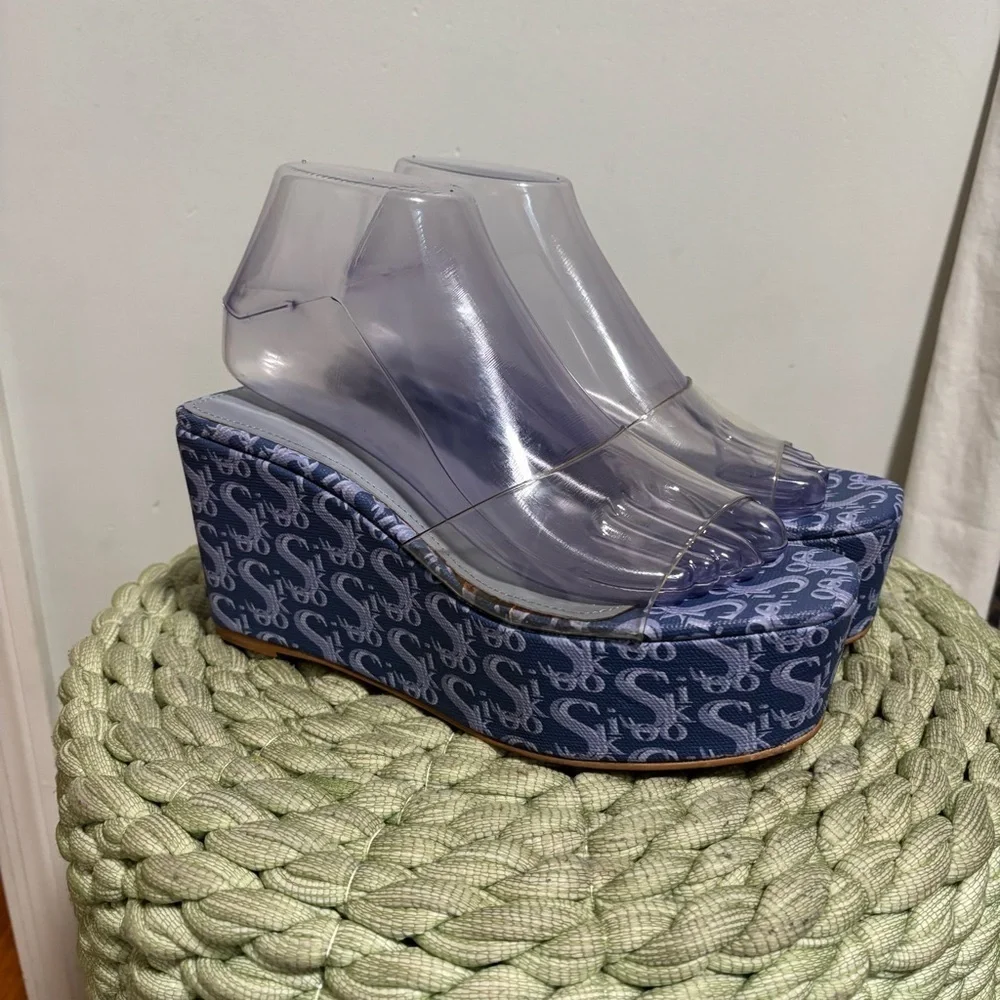 Sooki La La The Rocky La La Clear Slip On Blue Logo Platform Wedge Sandals